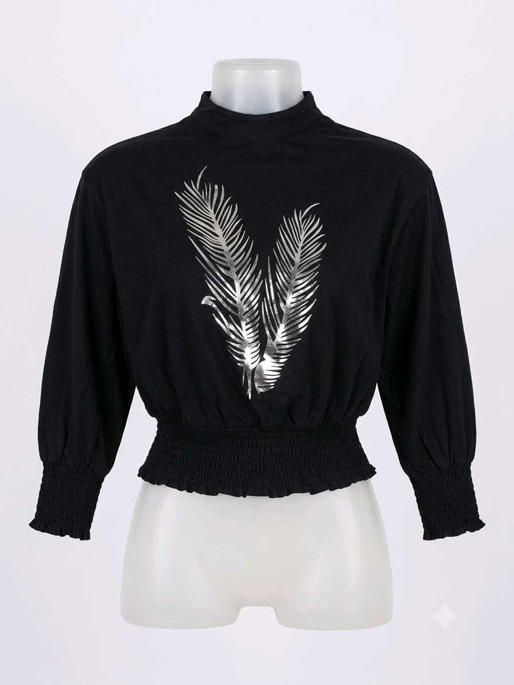 navy blue feathres metalic top