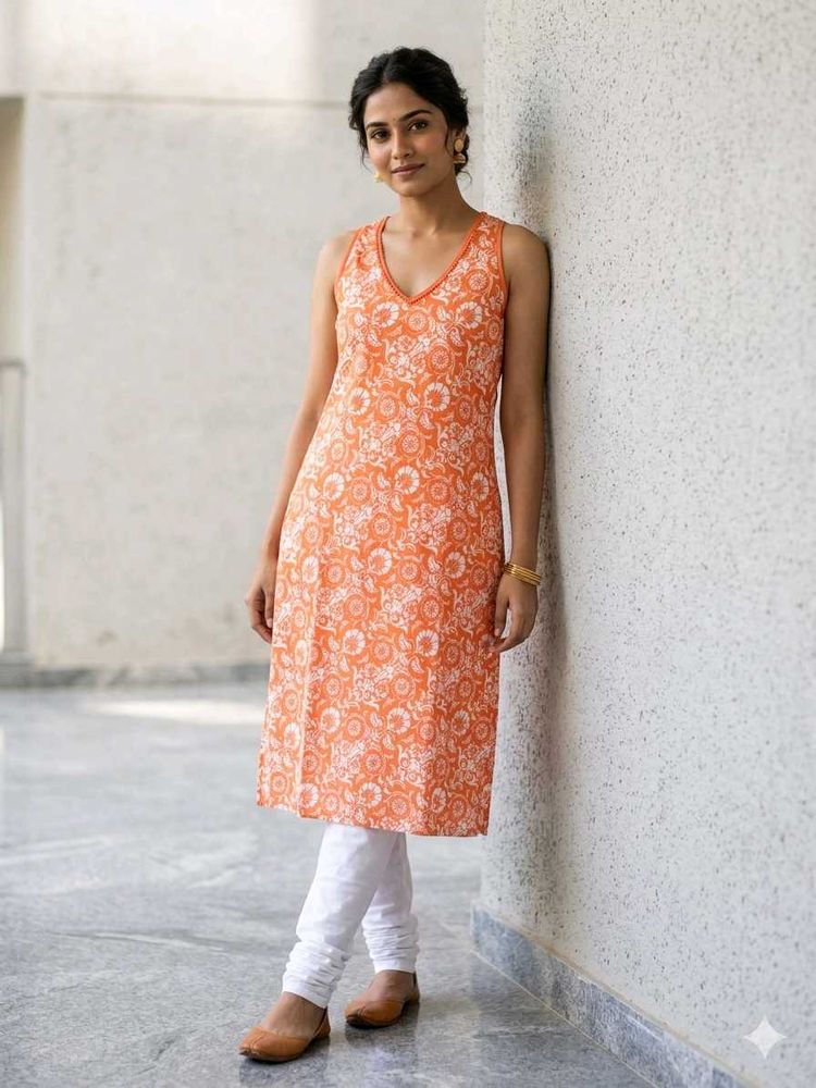Vibrant Orange Floral Sleeveless Kurta