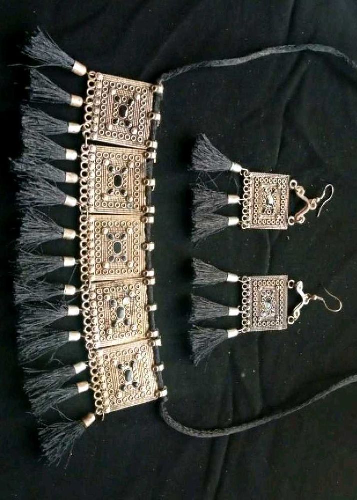 Oxidised Silver Tassel Choker Set