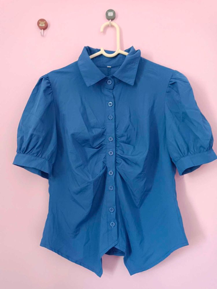 Blue Puff Sleeve Button-Up Shirt