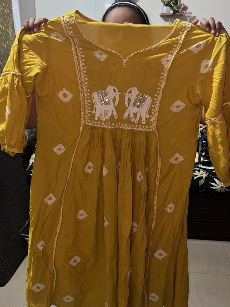 Stylish Yellow Kurta with Elephant Embroidery