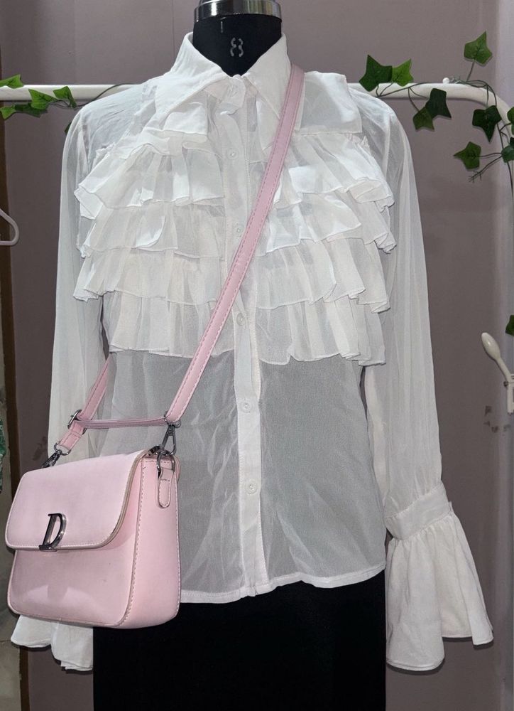 Elegant Ruffled Sheer White Blouse