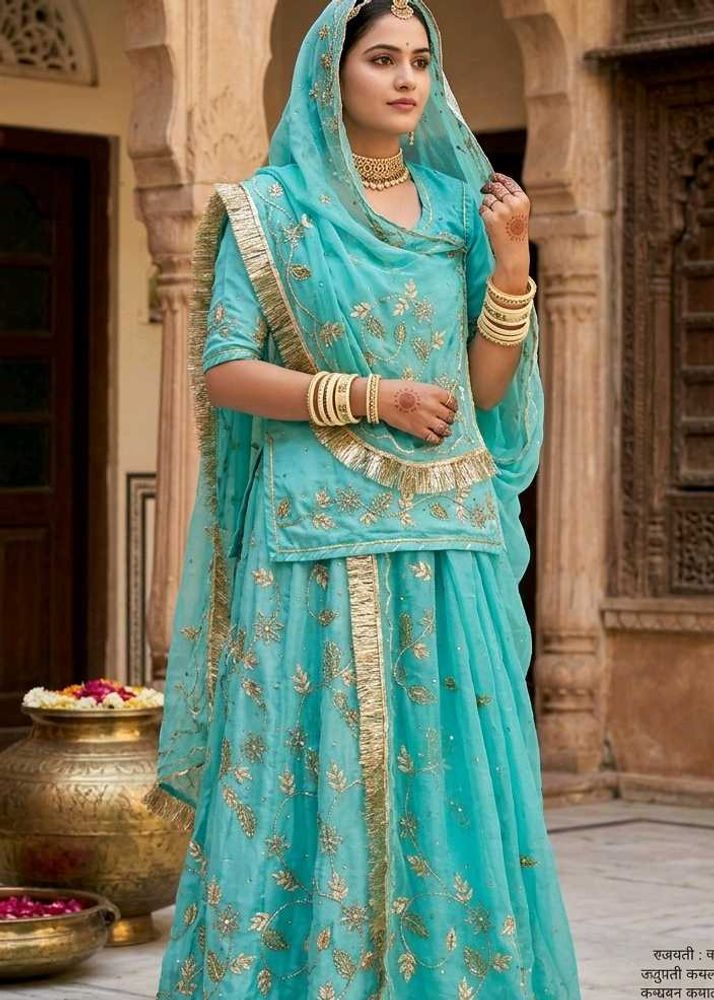 Teal &amp; Gold Embroidered Rajputi Poshak