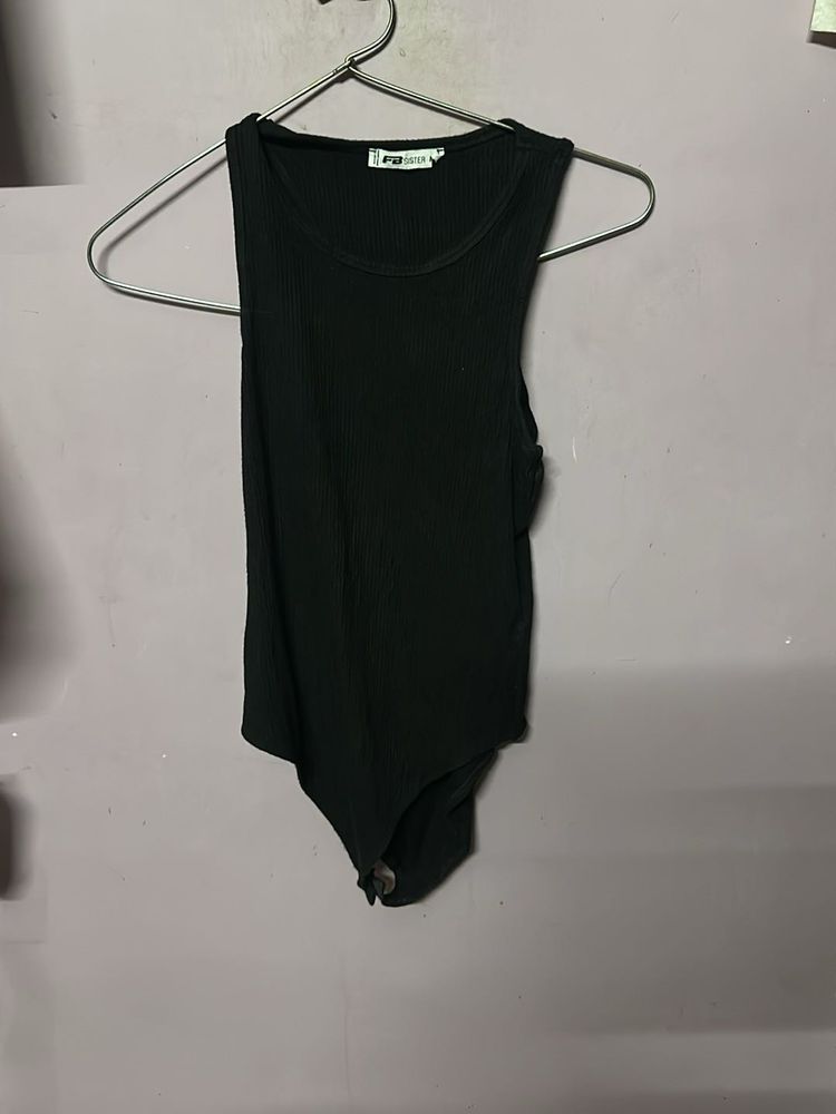 Sleek Black Ribbed Bodysuit Top