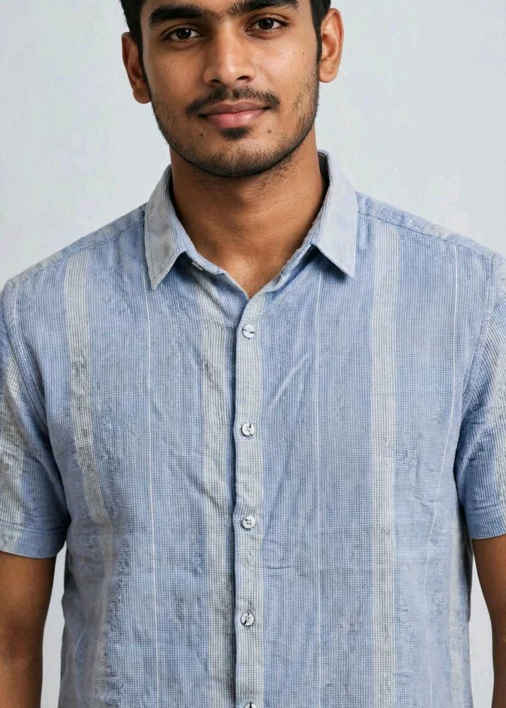 Men's Blue Striped Short Sleeve Shirt