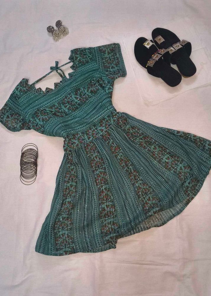 Beautiful Teal Floral Printed Flared Kurti