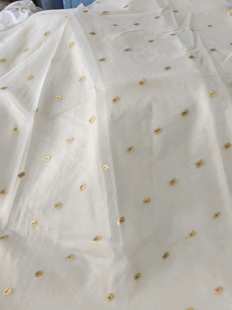 Elegant White &amp; Gold Polka Dot Sheer lehenga choli