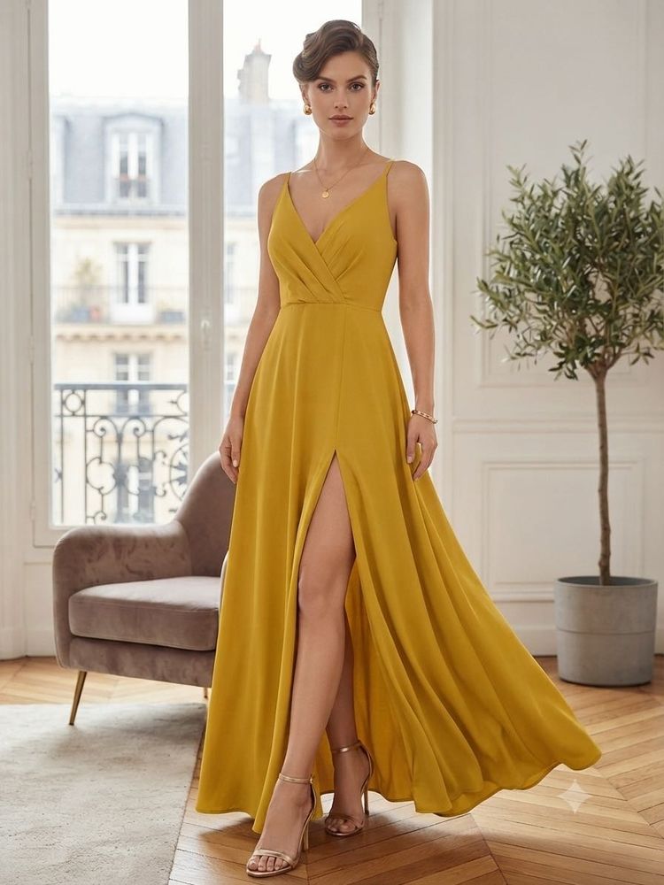 Elegant Yellow Maxi Dress with High Slit