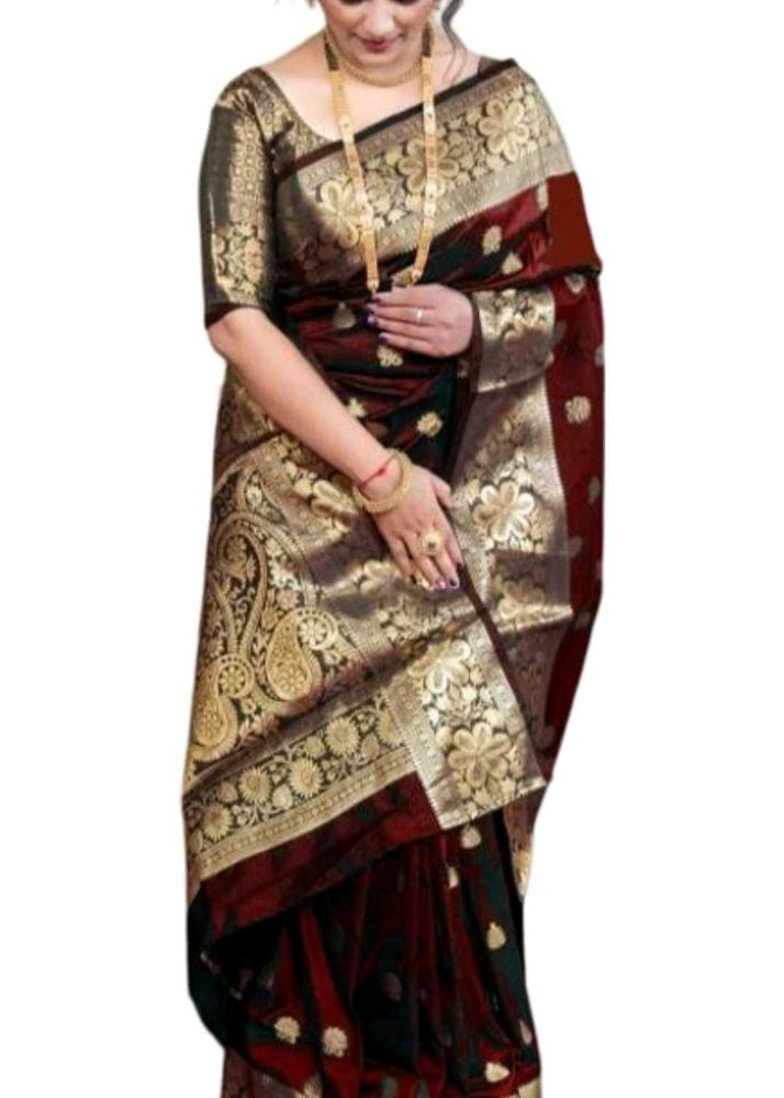 Elegant Maroon &amp; Gold Brocade Saree