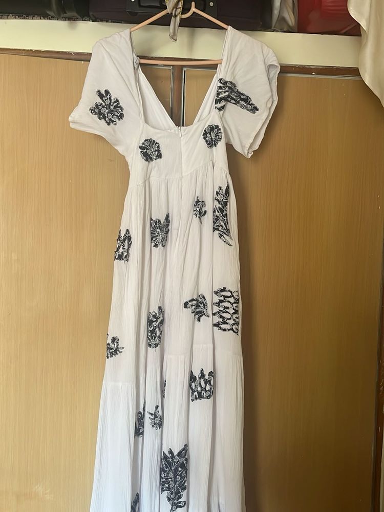 Boho White Maxi Dress with Black Print