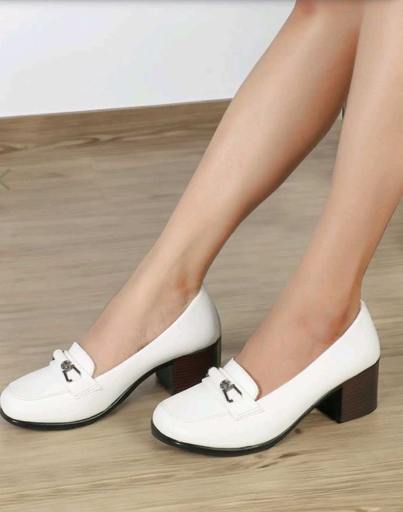 Elle White Block Heel Loafers