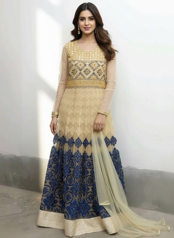 Elegant Blue &amp; Gold Ethnic Gown + free gift