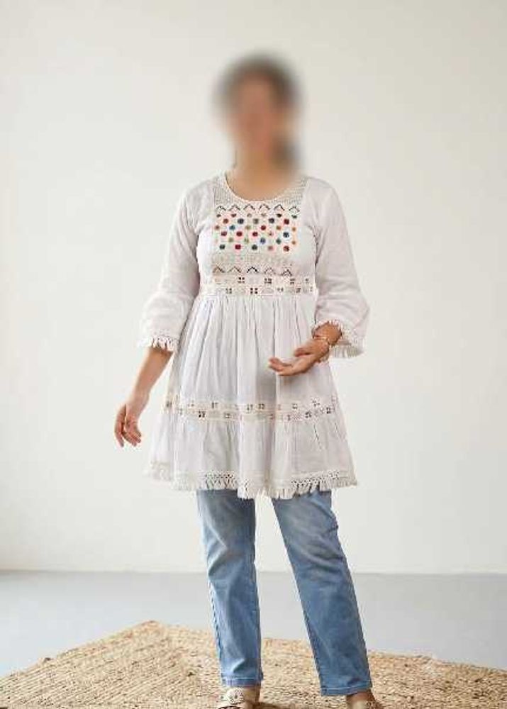 Women’s White Embroidered A-Line Kurti