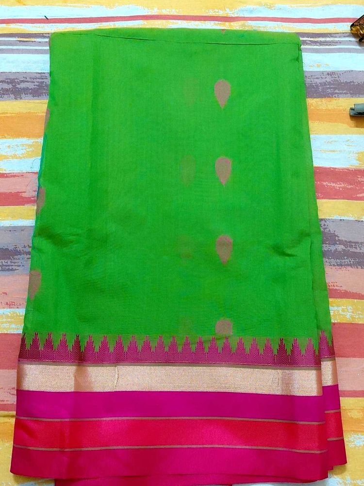 Parrot Green Saree with Pink Border