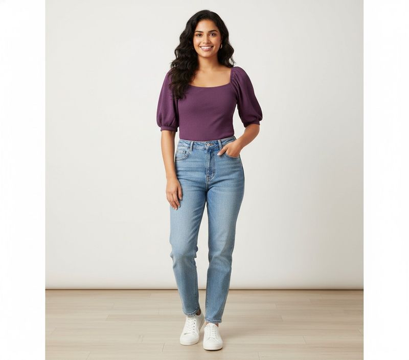 Purple Puff Sleeve Square Neck Top