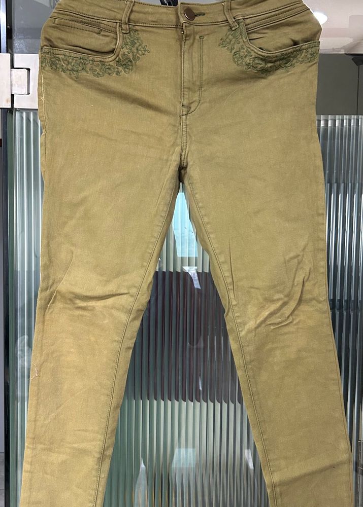Embroidered Khaki Jeans