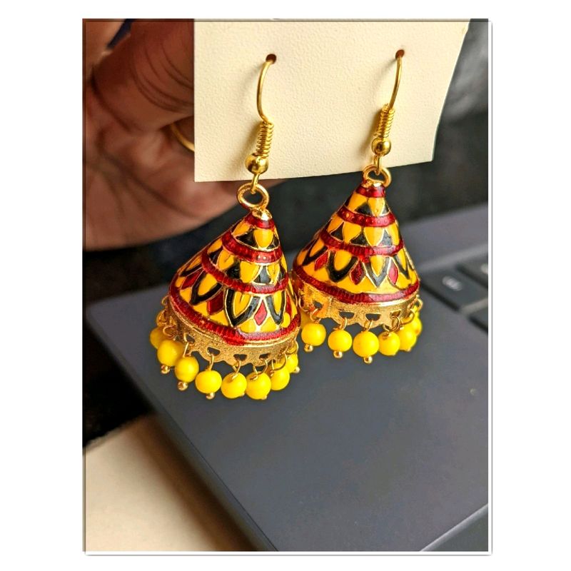 Meenakari Jhumka - Red &amp; Yellow