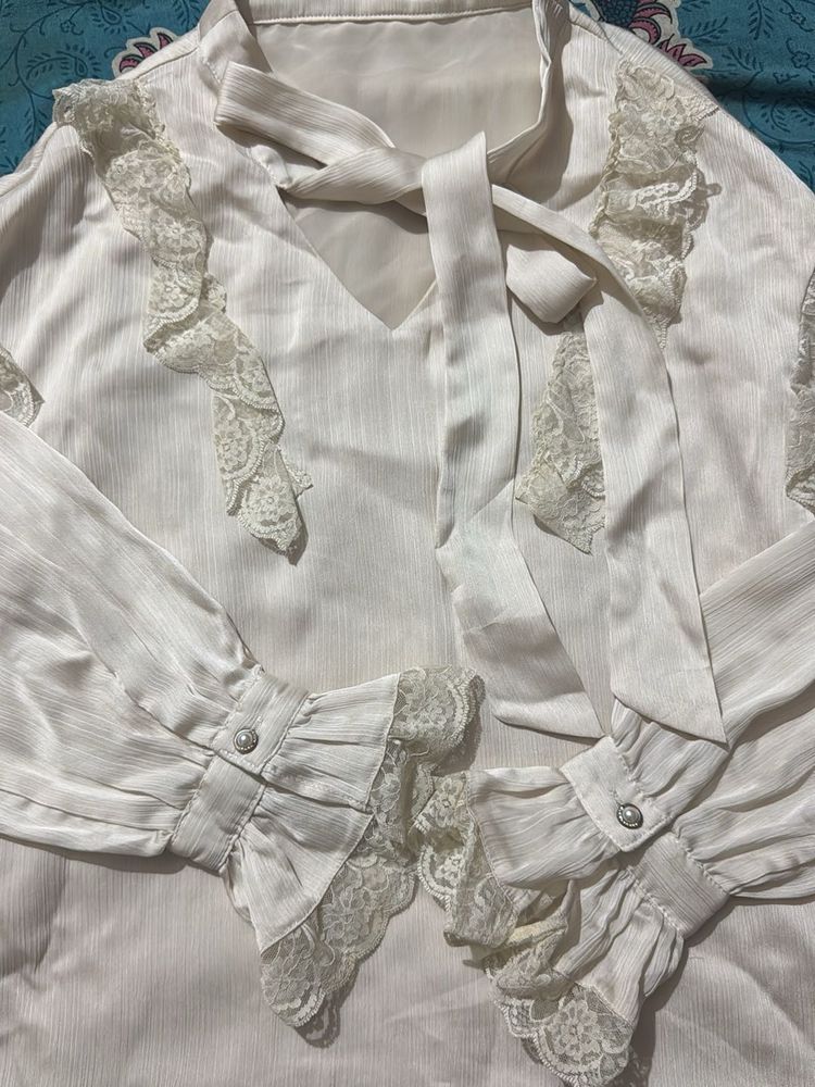 Elegant White Lace Trimmed neck tie top