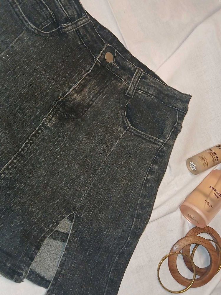 Dark Wash Denim Mini Skirt with Slit