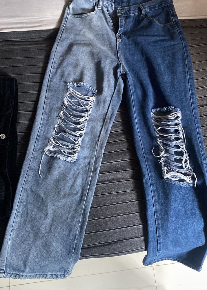 Two-Tone Ripped Wide-Leg Jeans