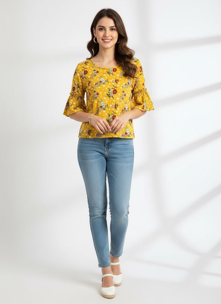 Yellow Floral Ruffle Sleeve Top