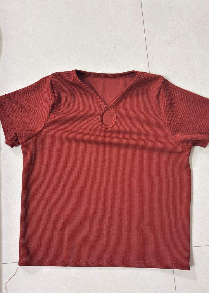 Red V-Neck Keyhole Top