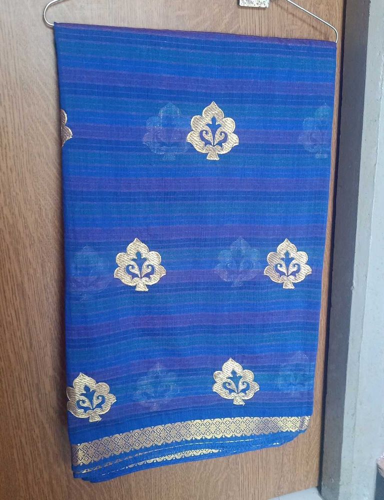 Royal blue woven saree featuring gold zari butti m