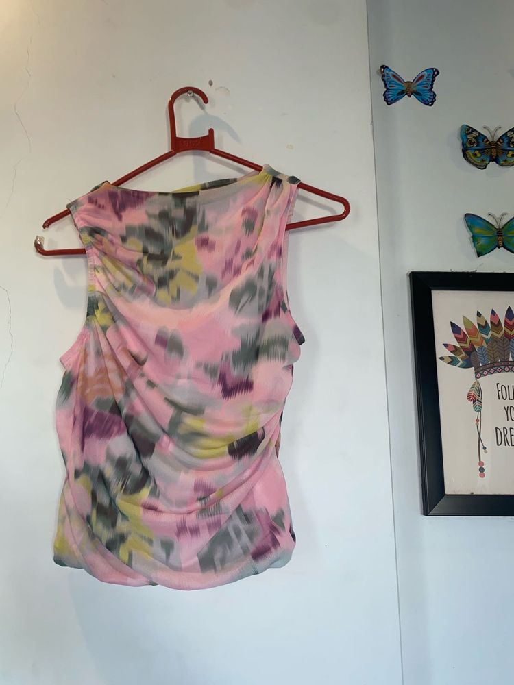 Pink Floral Ruched Sleeveless Top