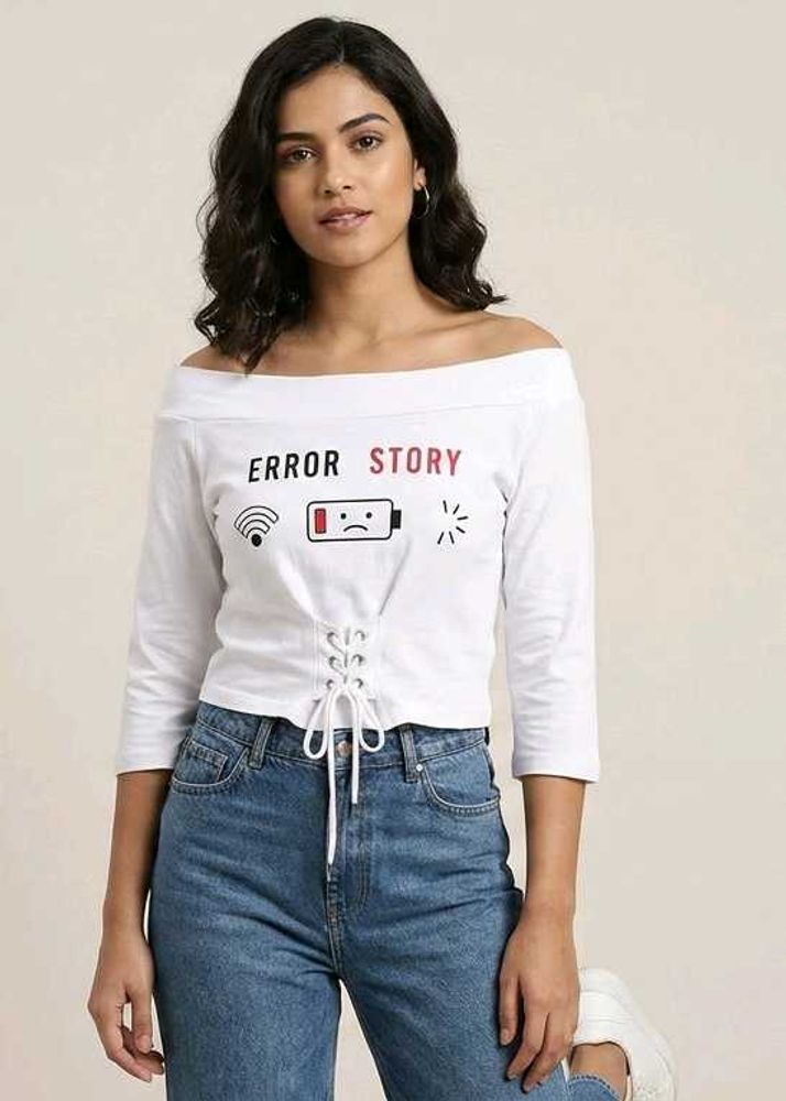 White Off-Shoulder Graphic Crop Top