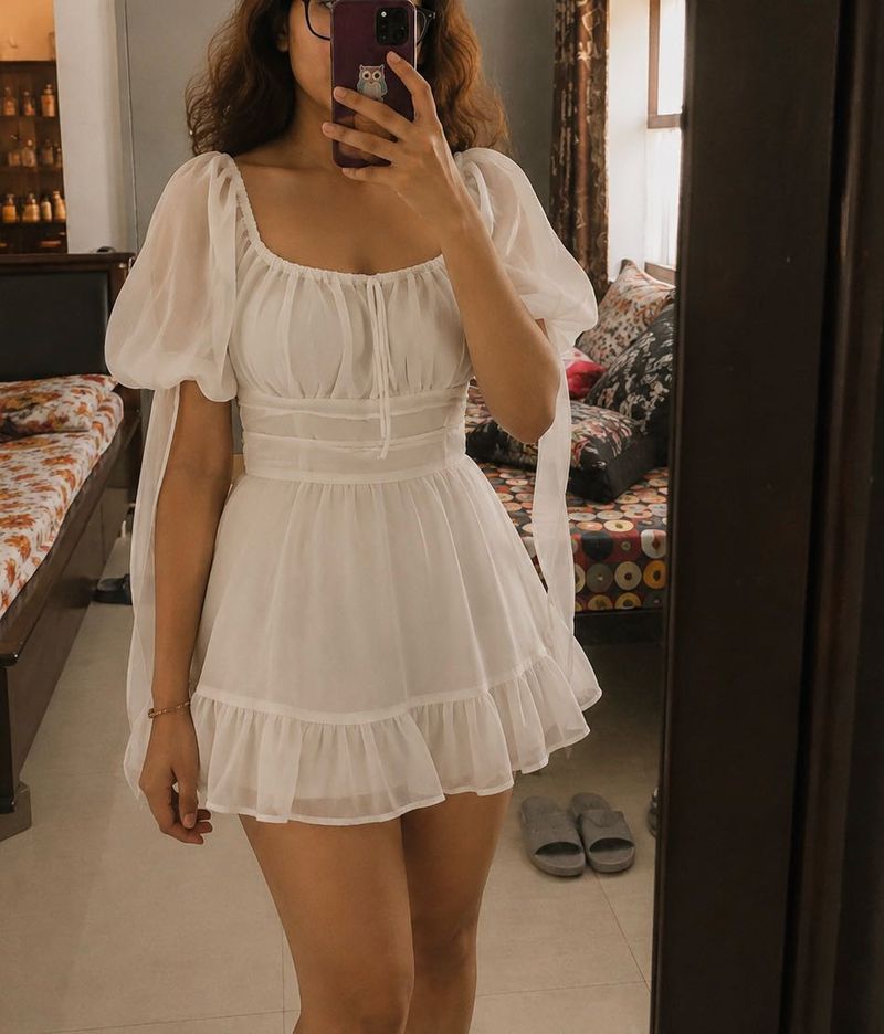 Chic White Puff Sleeve Mini Dress