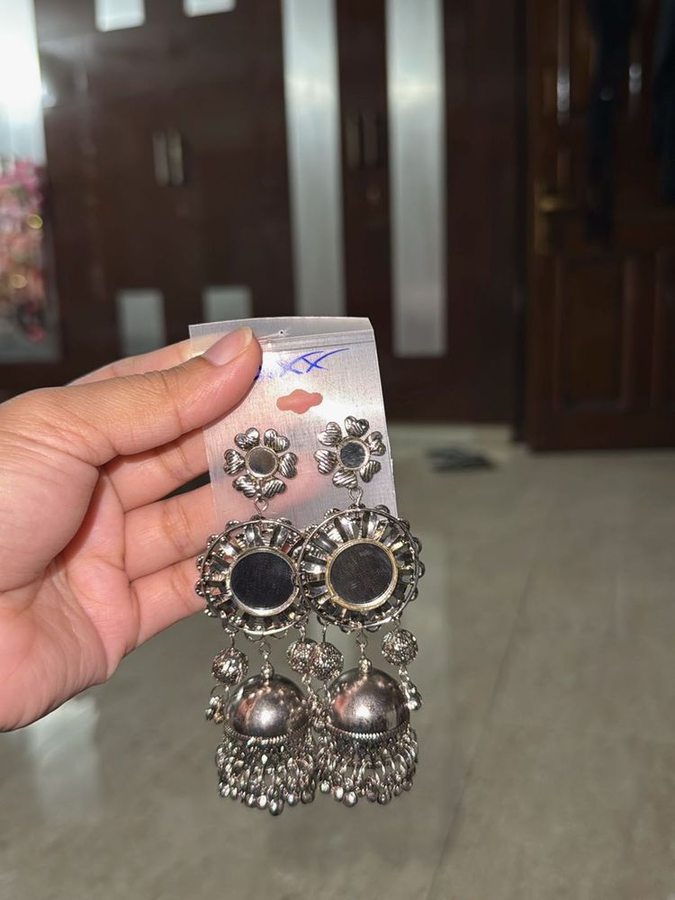 Antique Silver Mirror Jhumka Earrings