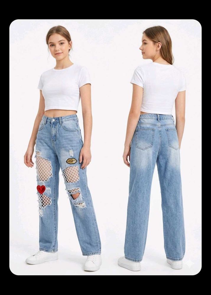 Distressed Ripped Jeans with Fishnet Detail