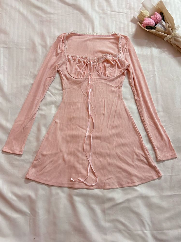 Pink Ribbed Lace Detail Mini Dress 🎀