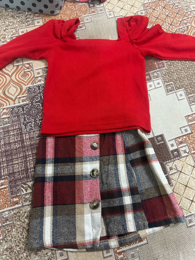 Red Cold Shoulder Top &amp; Plaid Skirt Set