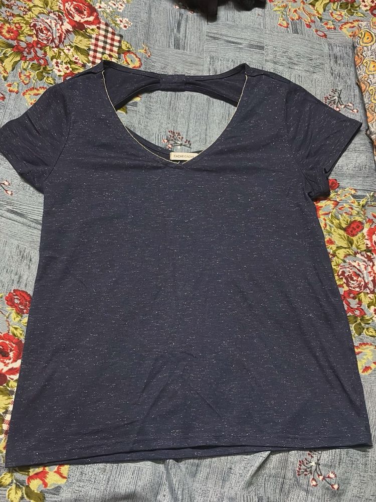 Navy Blue V-Neck Top with Back Detail