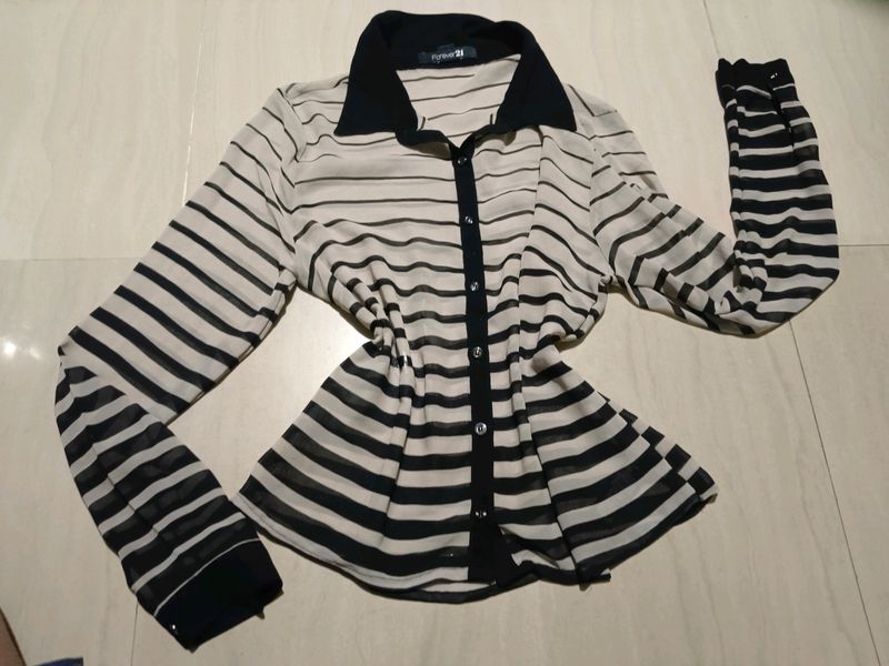 Forever 21 Black Grey Striped Sheer Blouse