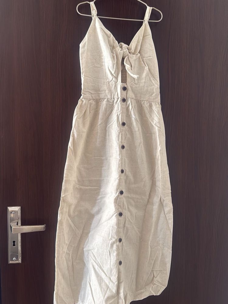 Boho Linen Button-Front Midi Dress
