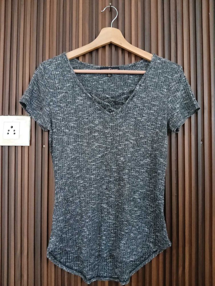 Marled Knit Lace-Up V-Neck Top