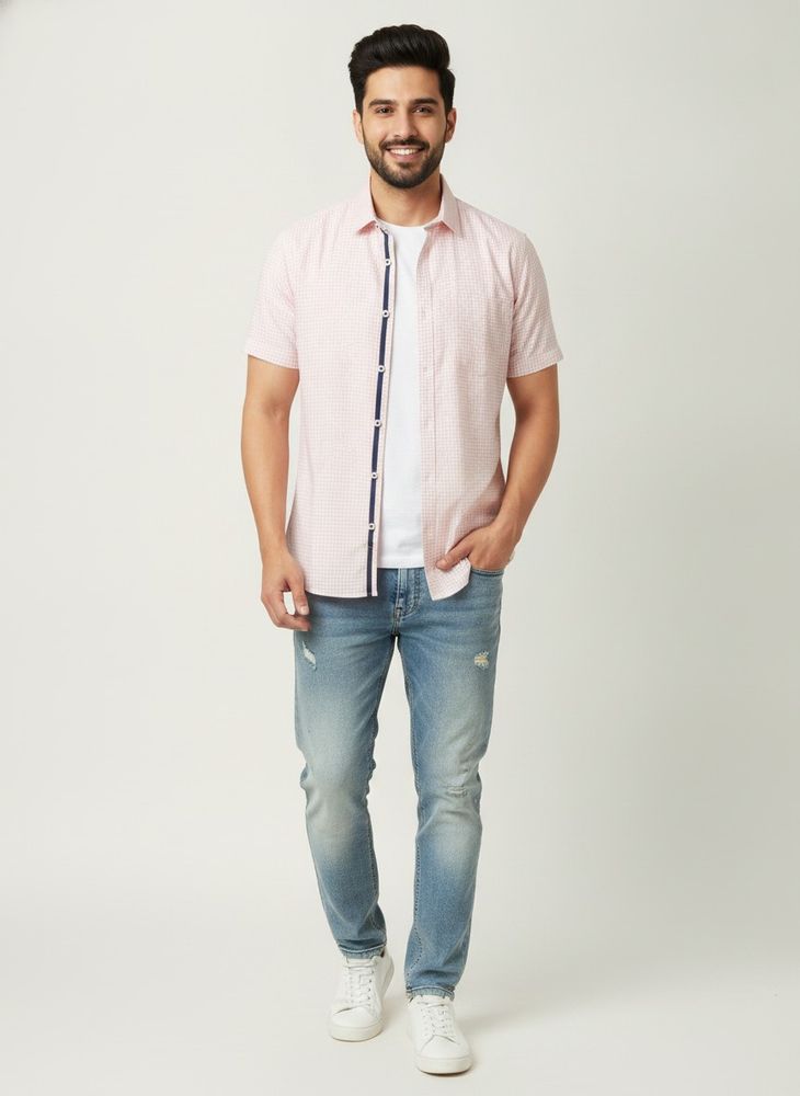Men's Pink Checkered Short Sleeve Shirt