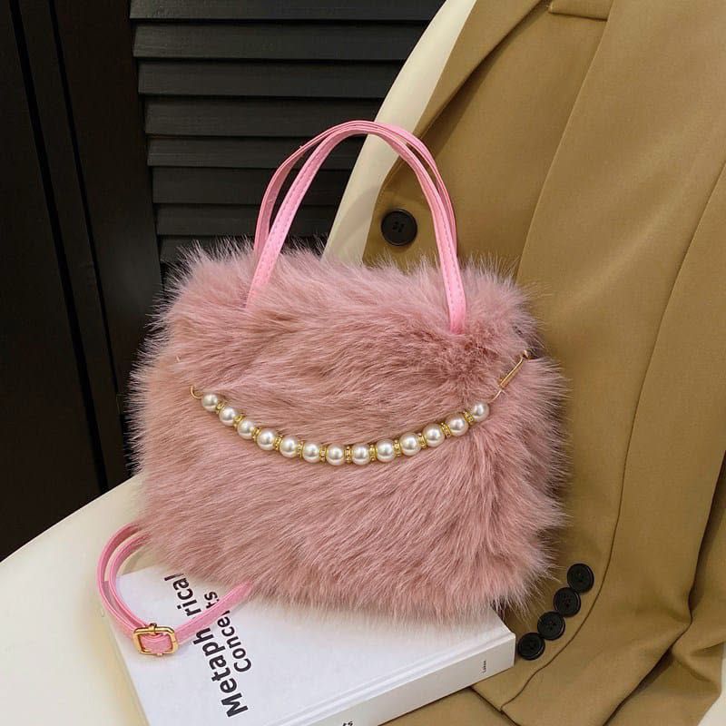 Pink Faux Fur Handbag with Pearls