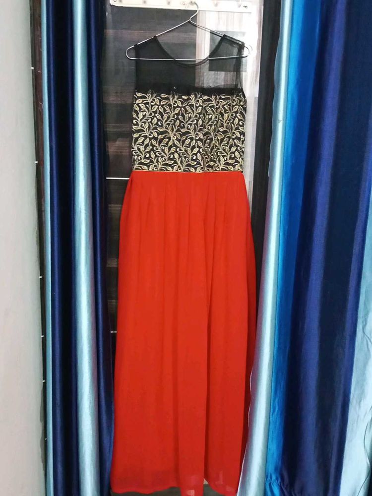 Elegant Red Embroidered Maxi Dress