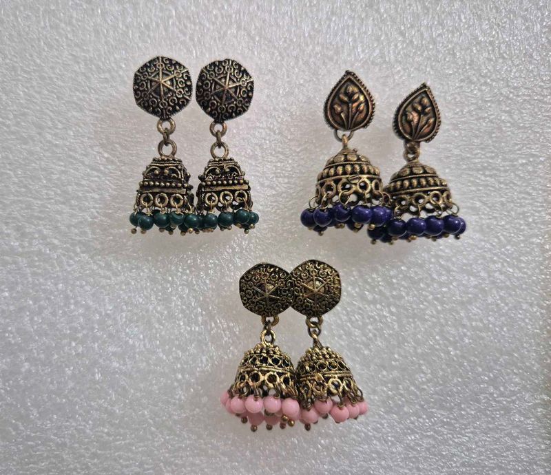 Set of 3 Oxidized Jhumka Earrings