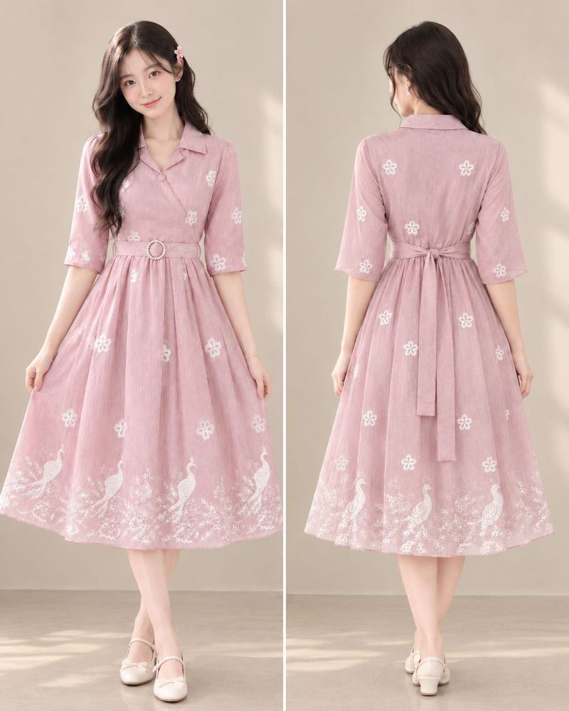 Charming Pink Peacock Print Midi Dress