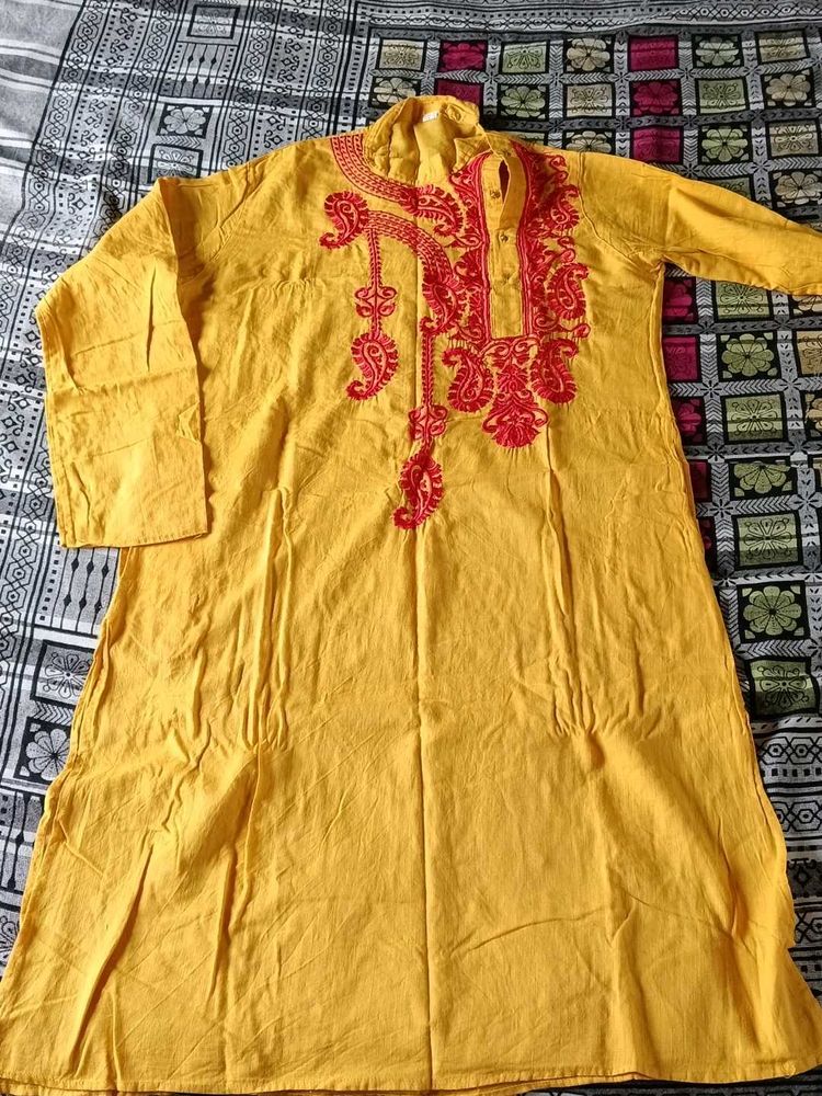 Vibrant Yellow Kurta with Red Embroidery