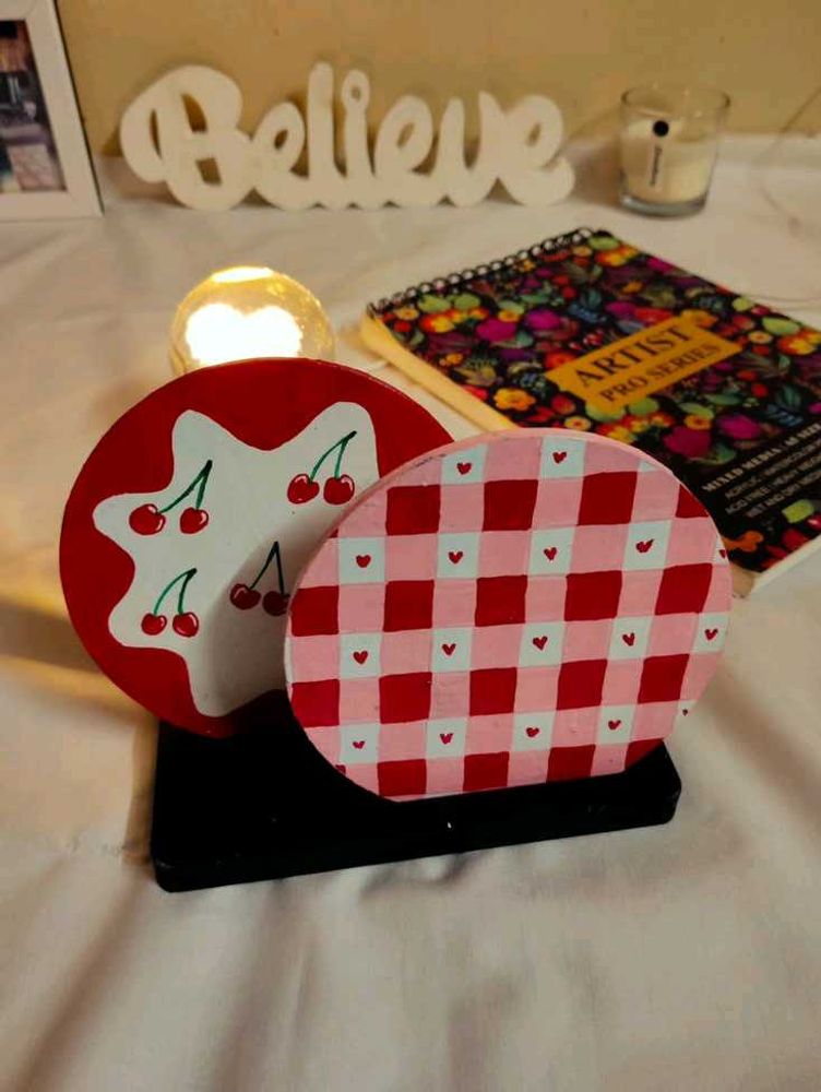 Hand-Painted Cherry &amp; Gingham coaster
