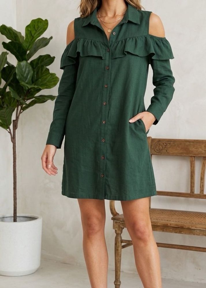 Chic Green Cold Shoulder Ruffle Dress