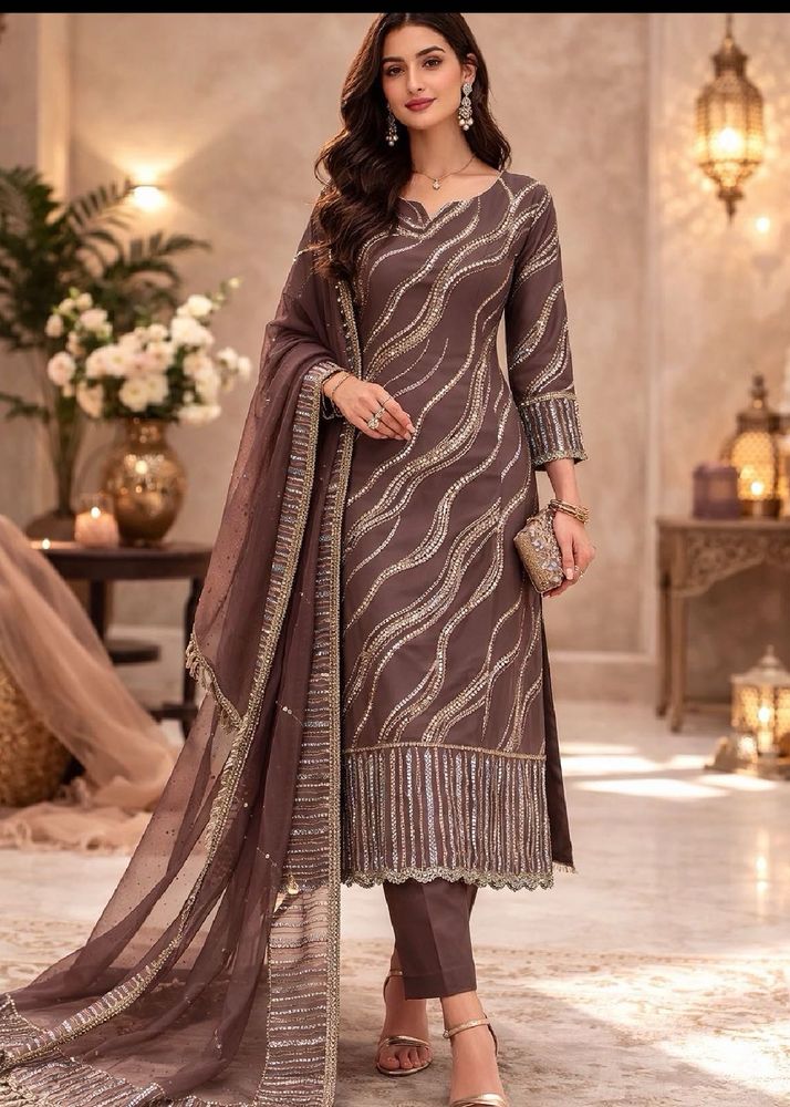 Elegant Brown Kurta Set with Sequins