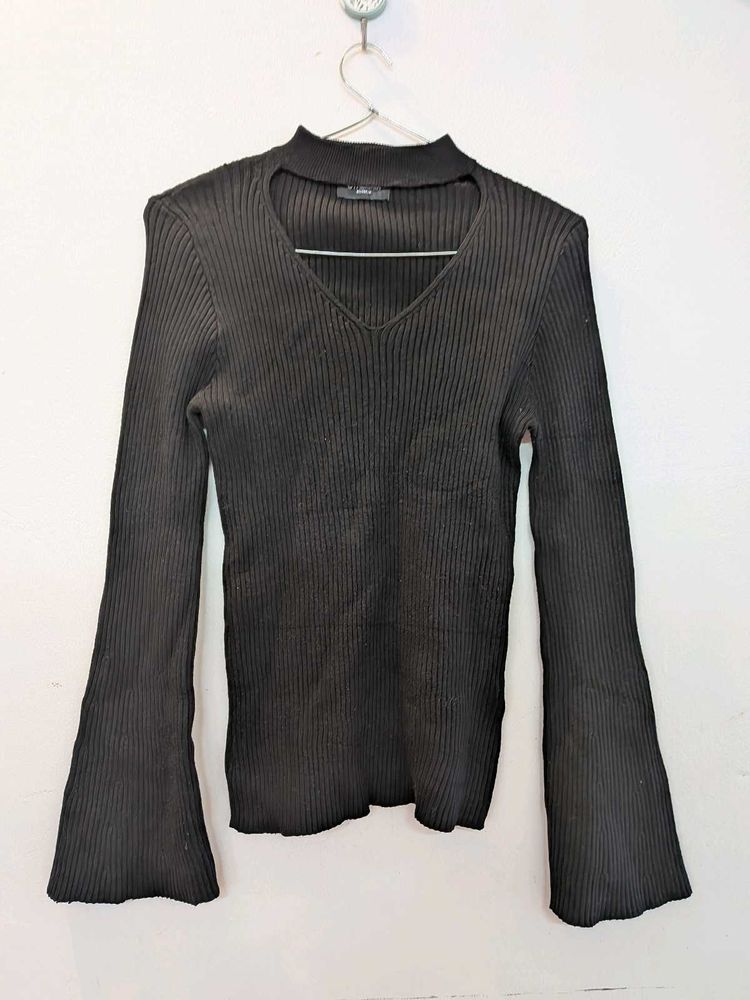 Chic Black Ribbed Bell Sleeve Top