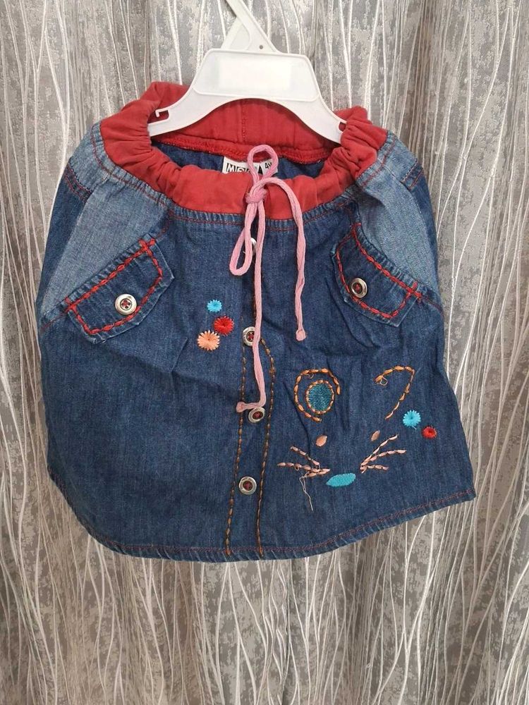 Denim Skirt with Embroidery and Baby Hug T Shirt