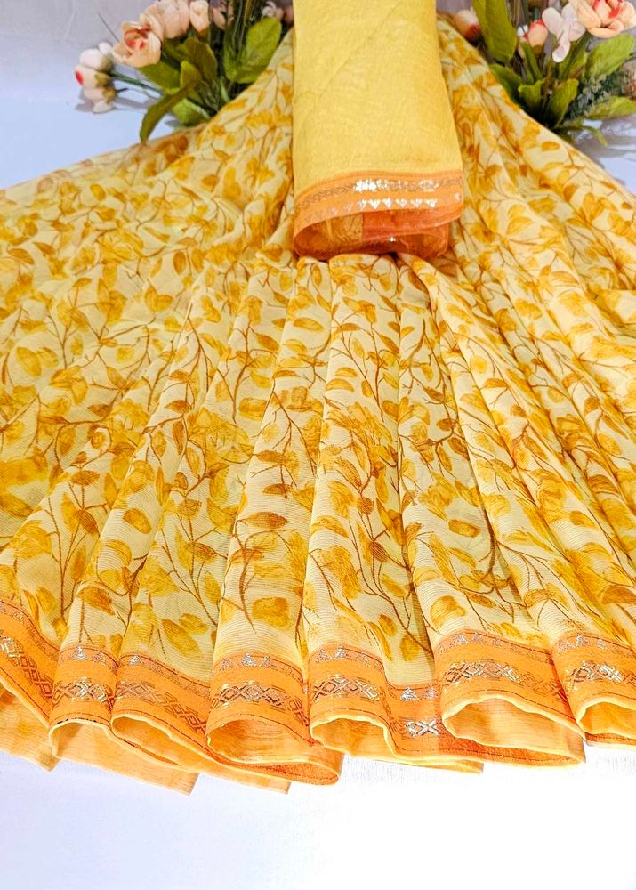 yellow colour Floral Print Saree